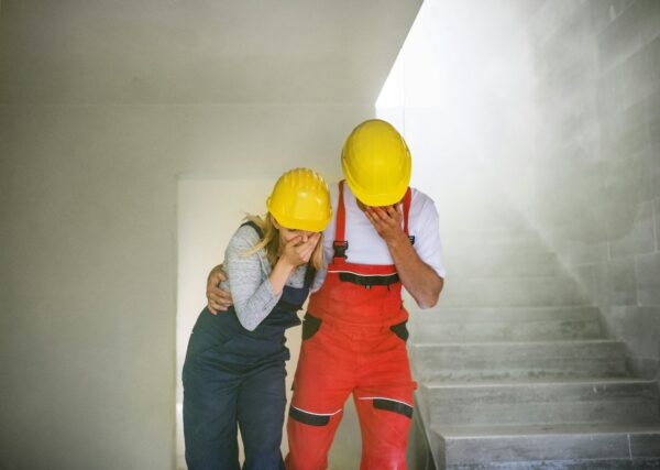 Woman and man workers suffocating at the construction site.